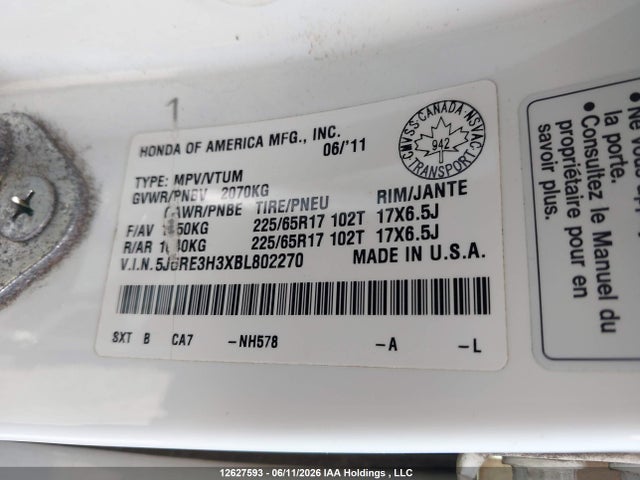 12627593 :رقم المزاد ، 5J6RE3H3XBL802270 vin ، 2011 Honda Cr-v مزاد بيع