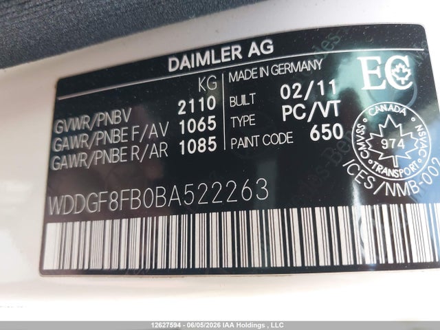 2011 Mercedes-benz C 250 4matic მანქანა იყიდება აუქციონზე, vin: WDDGF8FB0BA522263, აუქციონის ნომერი: 12627594