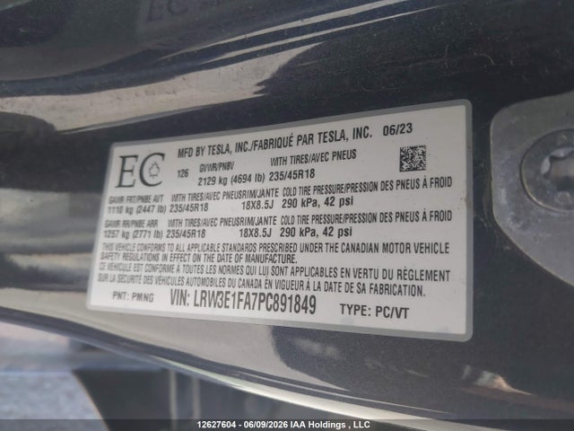 Продажа на аукционе авто 2023 Tesla Model 3 Rwd, vin: LRW3E1FA7PC891849, номер лота: 12627604
