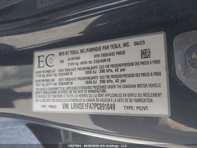 Продажа на аукционе авто 2023 Tesla Model 3 Rwd, vin: LRW3E1FA7PC891849, номер лота: 12627604