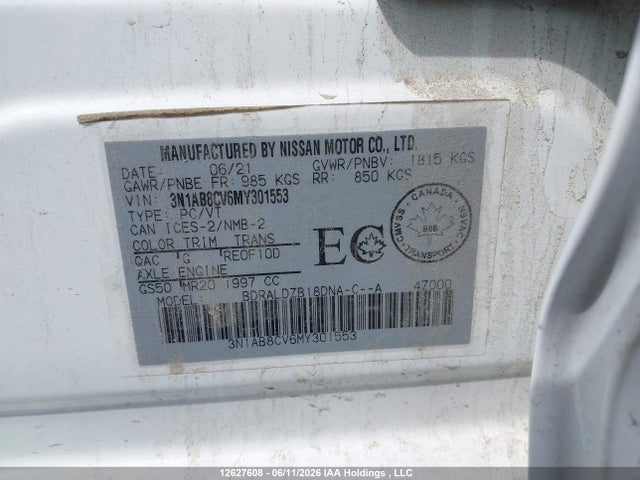 Продажа на аукционе авто 2021 Nissan Sentra Sv, vin: 3N1AB8CV6MY301553, номер лота: 12627608