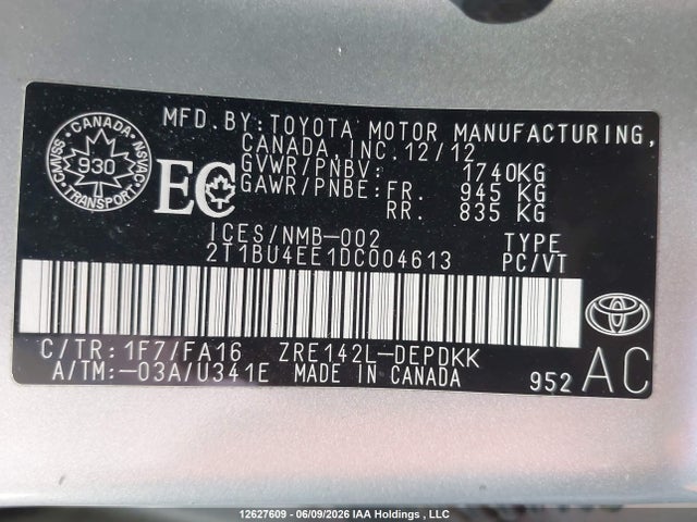 12627609 :رقم المزاد ، 2T1BU4EE1DC004613 vin ، 2013 Toyota Corolla Ce مزاد بيع