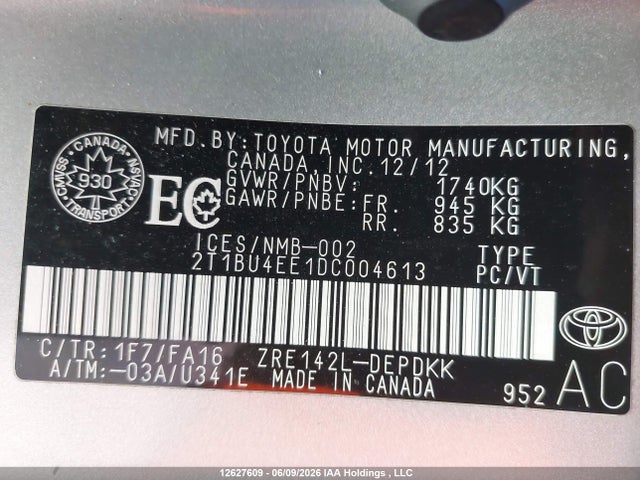 12627609 :رقم المزاد ، 2T1BU4EE1DC004613 vin ، 2013 Toyota Corolla Ce مزاد بيع