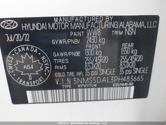 2023 Hyundai Santa Fe Calligraphy მანქანა იყიდება აუქციონზე, vin: 5NMS5DAL3PH483665, აუქციონის ნომერი: 12627614