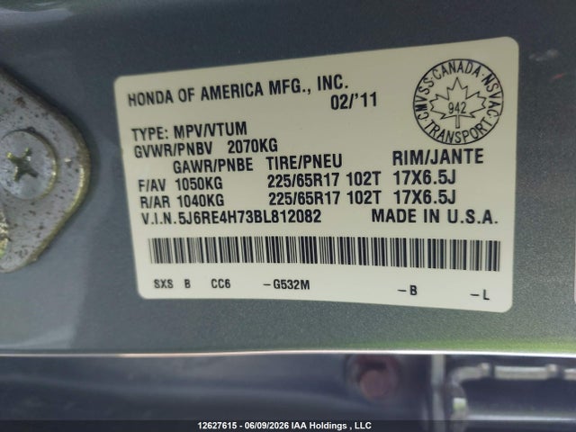Aukcja sprzedaży 2011 Honda Cr-v Exl, vin: 5J6RE4H73BL812082, numer aukcji: 12627615
