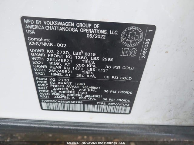 Продажа на аукционе авто 2022 Volkswagen Atlas 3.6 Fsi Execline, vin: 1V2FR2CA8NC556268, номер лота: 12624037
