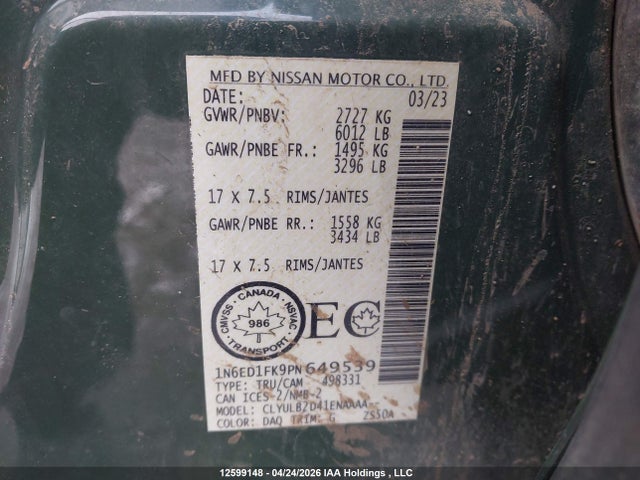 2023 Nissan Frontier Sv მანქანა იყიდება აუქციონზე, vin: 1N6ED1FK9PN649539, აუქციონის ნომერი: 12599148