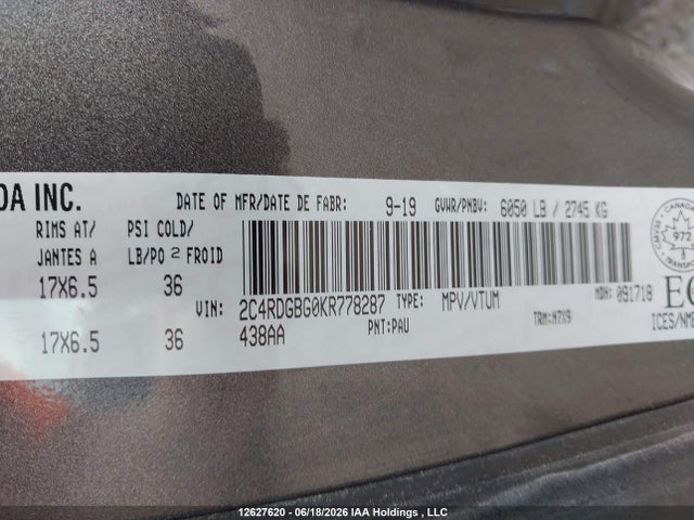 2019 Dodge Grand Caravan Cvp/sxt მანქანა იყიდება აუქციონზე, vin: 2C4RDGBG0KR778287, აუქციონის ნომერი: 12627620