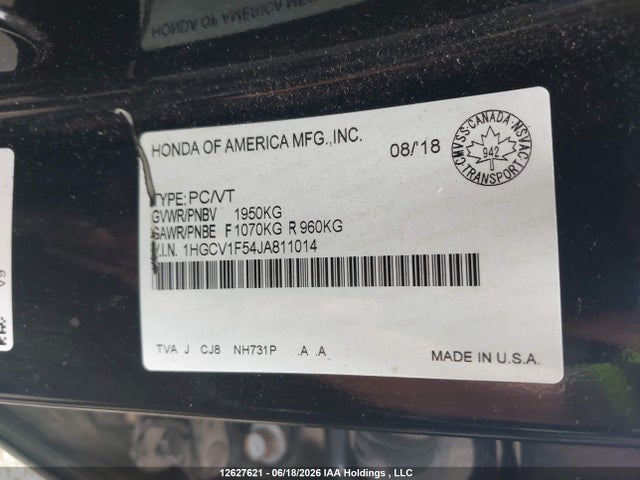 Продаж на аукціоні авто 2018 Honda Accord Ex-l, vin: 1HGCV1F54JA811014, номер лоту: 12627621