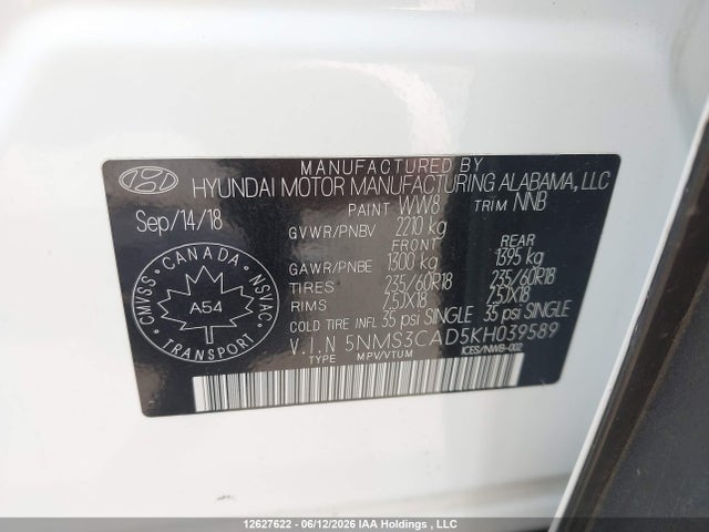 Aukcja sprzedaży 2019 Hyundai Santa Fe Preferred 2.4, vin: 5NMS3CAD5KH039589, numer aukcji: 12627622
