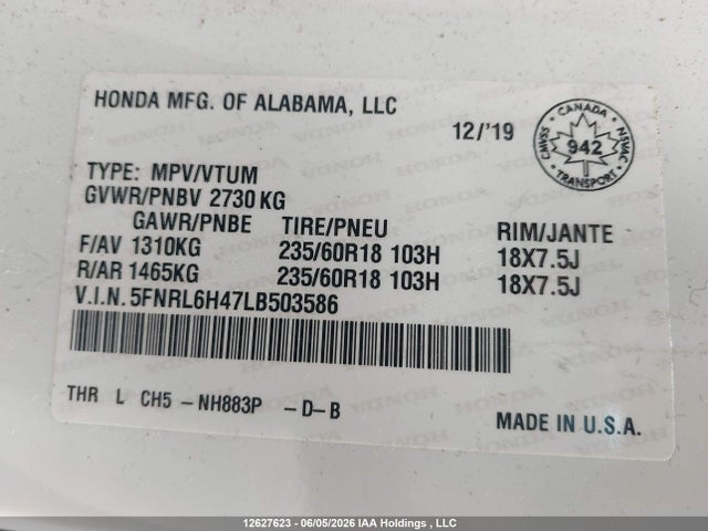 Aukcja sprzedaży 2020 Honda Odyssey Ex/ex-res, vin: 5FNRL6H47LB503586, numer aukcji: 12627623