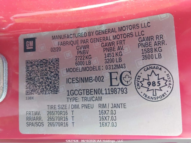 2020 Chevrolet Colorado Wt მანქანა იყიდება აუქციონზე, vin: 1GCGTBEN0L1198793, აუქციონის ნომერი: 12627626
