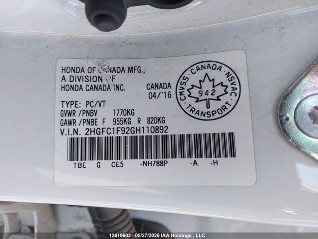 12619603 :رقم المزاد ، 2HGFC1F92GH110892 vin ، 2016 Honda Civic Touring مزاد بيع