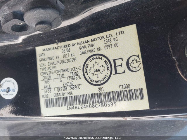 Продажа на аукционе авто 2008 Nissan Altima 2.5s, vin: 1N4AL24E08C280595, номер лота: 12627635