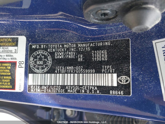 Aukcja sprzedaży 2016 Toyota Camry Le/xle/se/xse, vin: 4T1BF1FK7GU559999, numer aukcji: 12627638