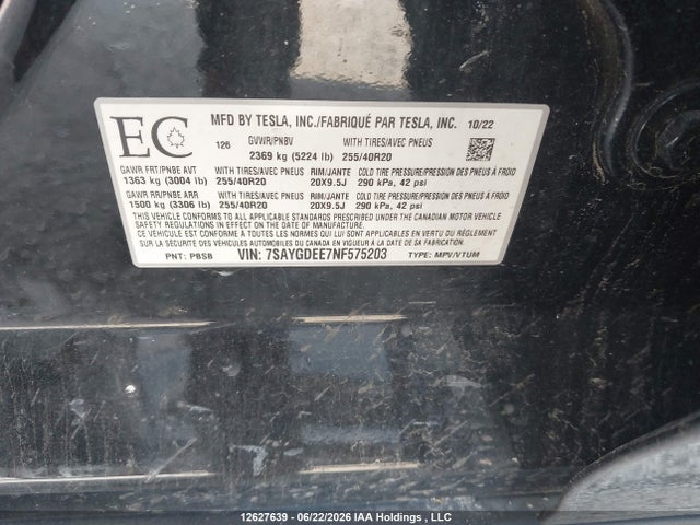 7SAYGDEE7NF575203 Tesla Model Y