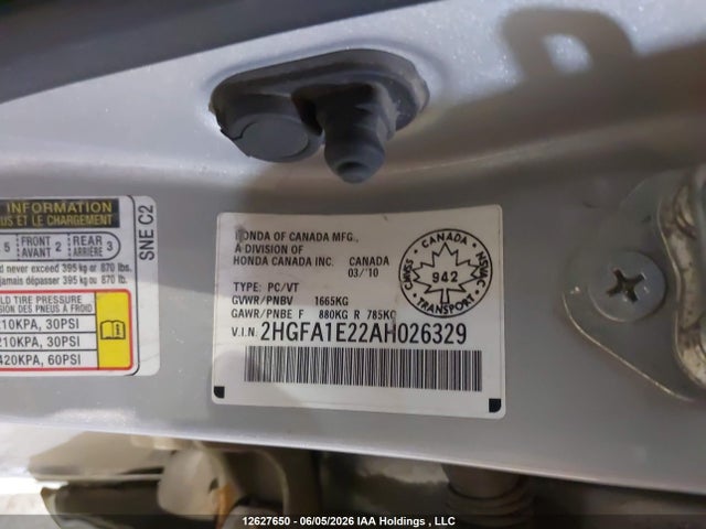 Aukcja sprzedaży 2010 Honda Civic Dx, vin: 2HGFA1E22AH026329, numer aukcji: 12627650
