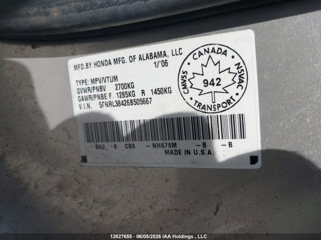 12627655 :رقم المزاد ، 5FNRL38426B505667 vin ، 2006 Honda Odyssey Ex مزاد بيع