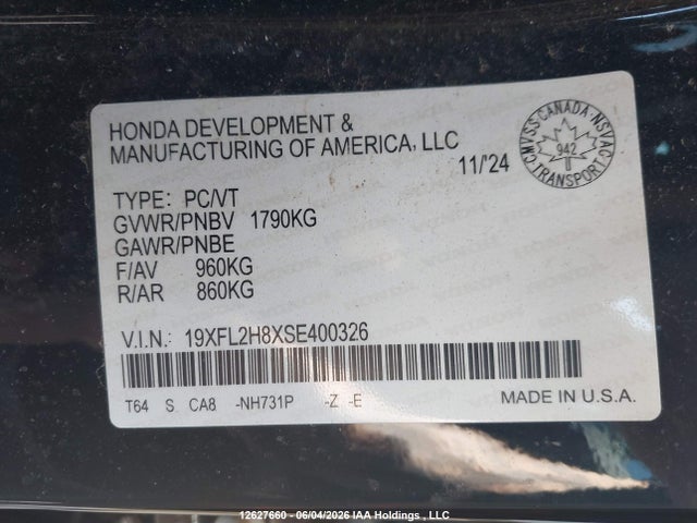 2025 Honda Civic Sport მანქანა იყიდება აუქციონზე, vin: 19XFL2H8XSE400326, აუქციონის ნომერი: 12627660