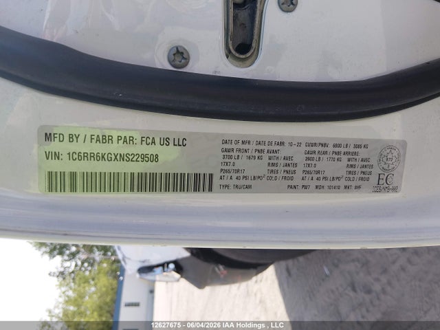 12627675 :رقم المزاد ، 1C6RR6KGXNS229508 vin ، 2022 Ram 1500 Classic Tradesman مزاد بيع
