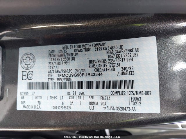 Продаж на аукціоні авто 2015 Ford Escape Se, vin: 1FMCU9G90FUB43344, номер лоту: 12627683