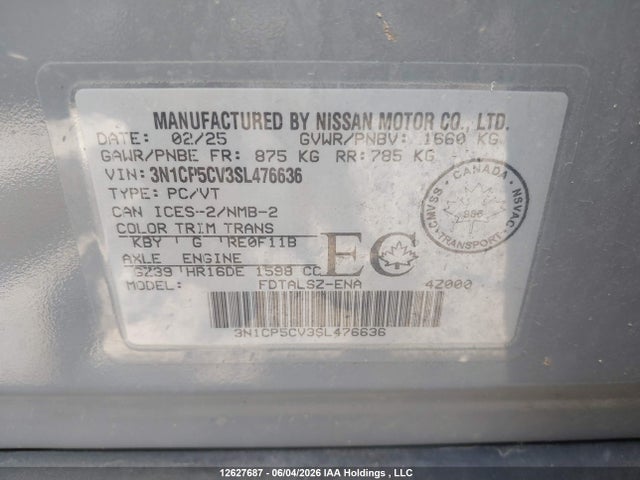 Aukcja sprzedaży 2025 Nissan Kicks Play Sv, vin: 3N1CP5CV3SL476636, numer aukcji: 12627687