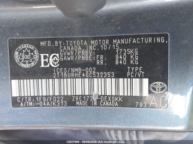 2T1BURHE4GC532353 Toyota Corolla L/le/le Pls/prm/s/s Pls