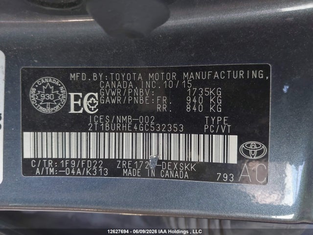 2T1BURHE4GC532353 Toyota Corolla L/le/le Pls/prm/s/s Pls
