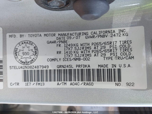 Продажа на аукционе авто 2008 Toyota Tacoma V6, vin: 5TELU42N38Z487949, номер лота: 12627696