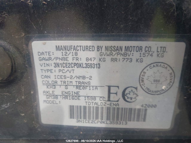 2019 Nissan Versa Note S/sv მანქანა იყიდება აუქციონზე, vin: 3N1CE2CP0KL359313, აუქციონის ნომერი: 12627698