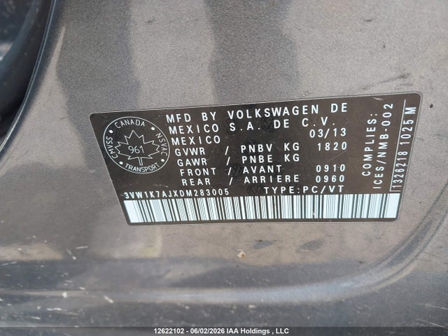 2013 Volkswagen Jetta S მანქანა იყიდება აუქციონზე, vin: 3VW1K7AJXDM283005, აუქციონის ნომერი: 12622102