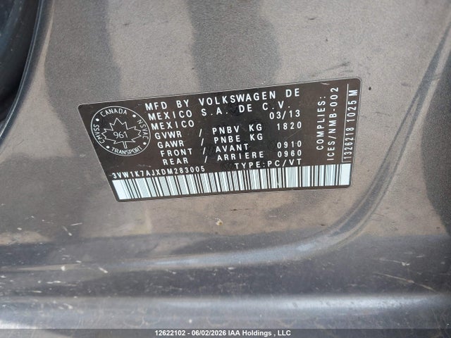 2013 Volkswagen Jetta S მანქანა იყიდება აუქციონზე, vin: 3VW1K7AJXDM283005, აუქციონის ნომერი: 12622102