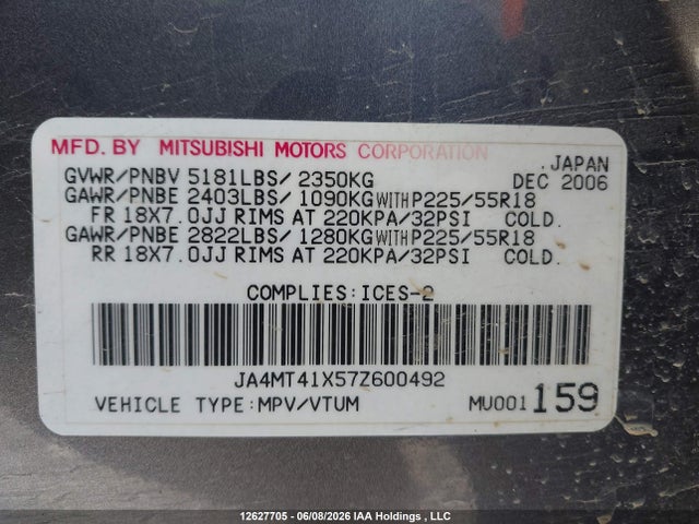 Aukcja sprzedaży 2007 Mitsubishi Outlander Xls, vin: JA4MT41X57Z600492, numer aukcji: 12627705