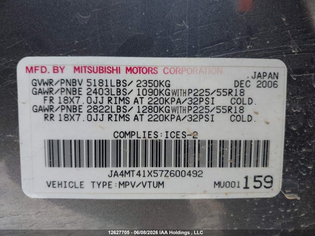 Aukcja sprzedaży 2007 Mitsubishi Outlander Xls, vin: JA4MT41X57Z600492, numer aukcji: 12627705