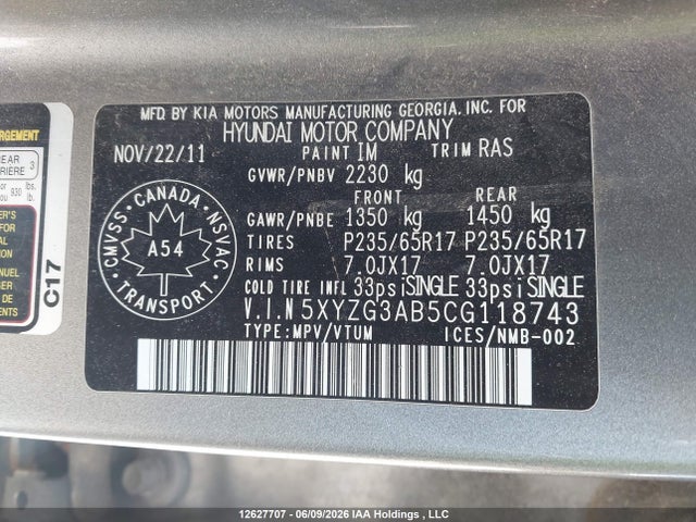 2012 Hyundai Santa Fe Gl 2.4 მანქანა იყიდება აუქციონზე, vin: 5XYZG3AB5CG118743, აუქციონის ნომერი: 12627707