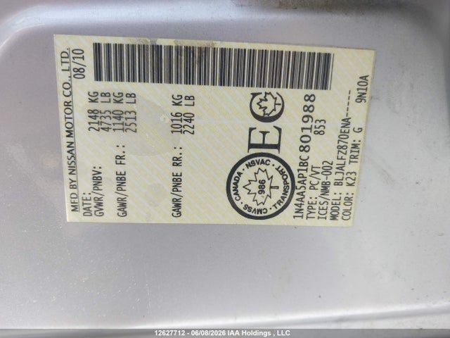 Aukcja sprzedaży 2011 Nissan Maxima S/sv, vin: 1N4AA5AP1BC801988, numer aukcji: 12627712