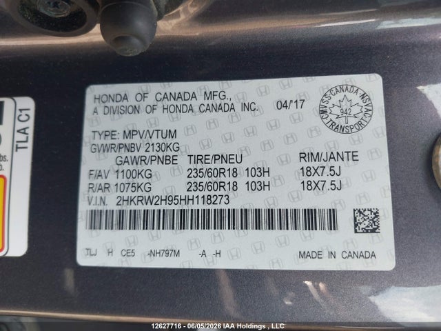 Aukcja sprzedaży 2017 Honda Cr-v, vin: 2HKRW2H95HH118273, numer aukcji: 12627716