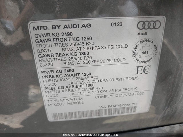 12627720 :رقم المزاد ، WA1FAAFY9P2091711 vin ، 2023 Audi Q5 45 Technik مزاد بيع