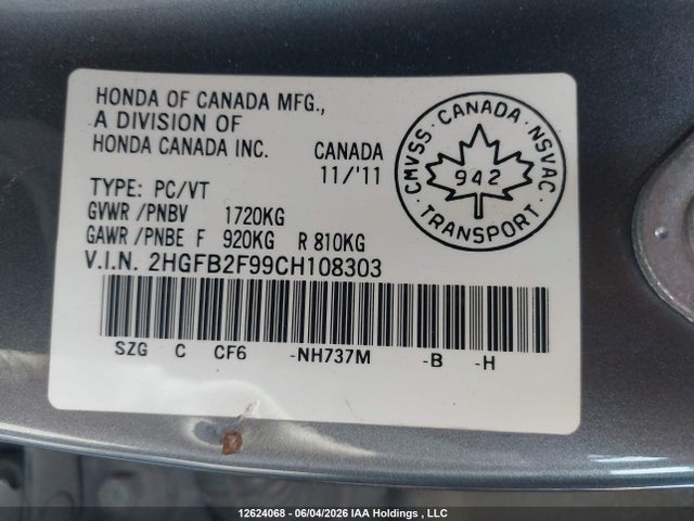 Продаж на аукціоні авто 2012 Honda Civic Ex-l, vin: 2HGFB2F99CH108303, номер лоту: 12624068