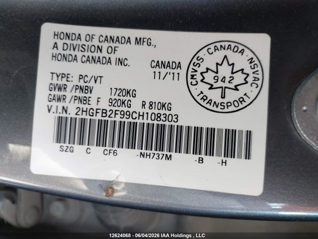 Продаж на аукціоні авто 2012 Honda Civic Ex-l, vin: 2HGFB2F99CH108303, номер лоту: 12624068