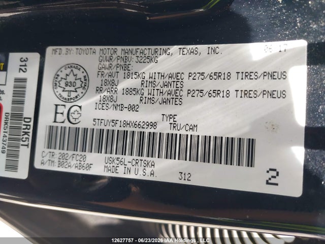 Aukcja sprzedaży 2017 Toyota Tundra Sr5 Plus 5.7l V8, vin: 5TFUY5F18HX662998, numer aukcji: 12627757
