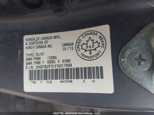 2015 Honda Civic Ex მანქანა იყიდება აუქციონზე, vin: 2HGFB2F51FH017494, აუქციონის ნომერი: 12627758