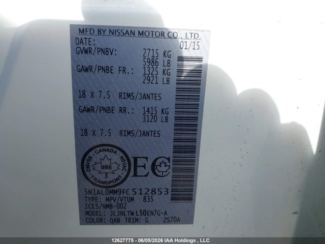 Aukcja sprzedaży 2015 Infiniti Qx60, vin: 5N1AL0MM9FC512853, numer aukcji: 12627775