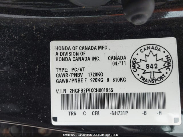Продаж на аукціоні авто 2012 Honda Civic Ex-l, vin: 2HGFB2F9XCH001955, номер лоту: 12599322
