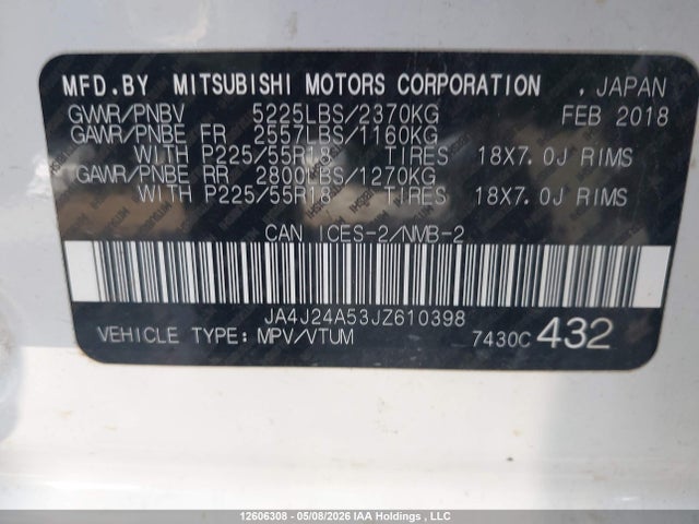 12606308 :رقم المزاد ، JA4J24A53JZ610398 vin ، 2018 Mitsubishi Outlander Phev Gt/se مزاد بيع