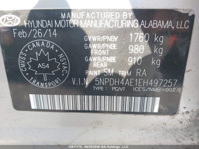 Продажа на аукционе авто 2014 Hyundai Elantra Gl, vin: 5NPDH4AE1EH497257, номер лота: 12617175