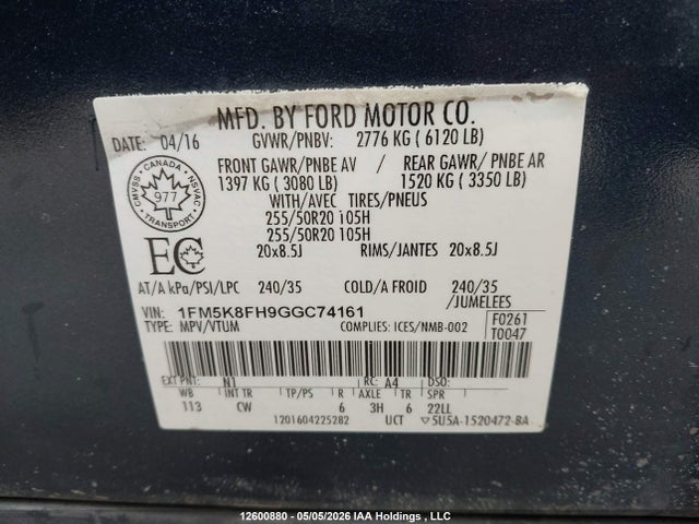 2016 Ford Explorer Limited მანქანა იყიდება აუქციონზე, vin: 1FM5K8FH9GGC74161, აუქციონის ნომერი: 12600880