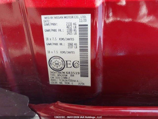 12622191 :رقم المزاد ، 5N1AT3BB7MC683519 vin ، 2021 Nissan Rogue Sv مزاد بيع