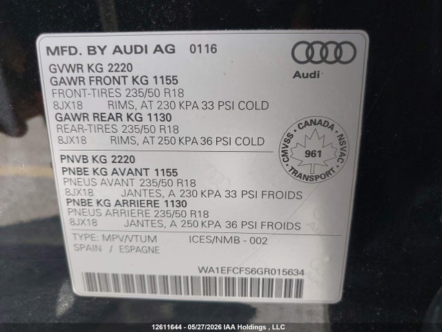 Продажа на аукционе авто 2016 Audi Q3 2.0t Komfort, vin: WA1EFCFS6GR015634, номер лота: 12611644