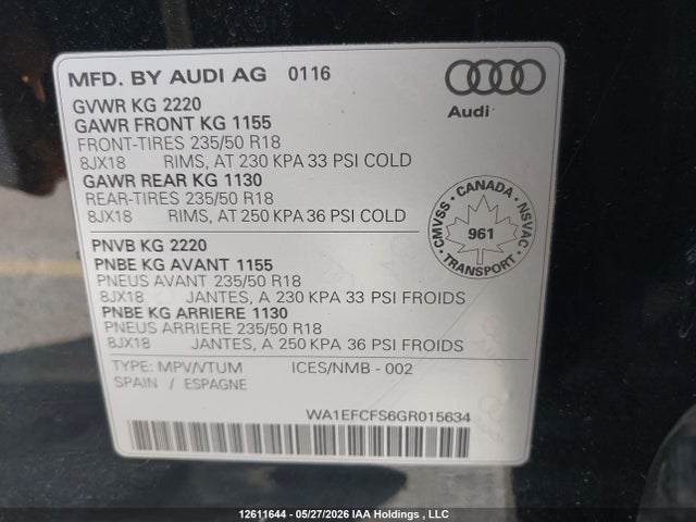 Продажа на аукционе авто 2016 Audi Q3 2.0t Komfort, vin: WA1EFCFS6GR015634, номер лота: 12611644